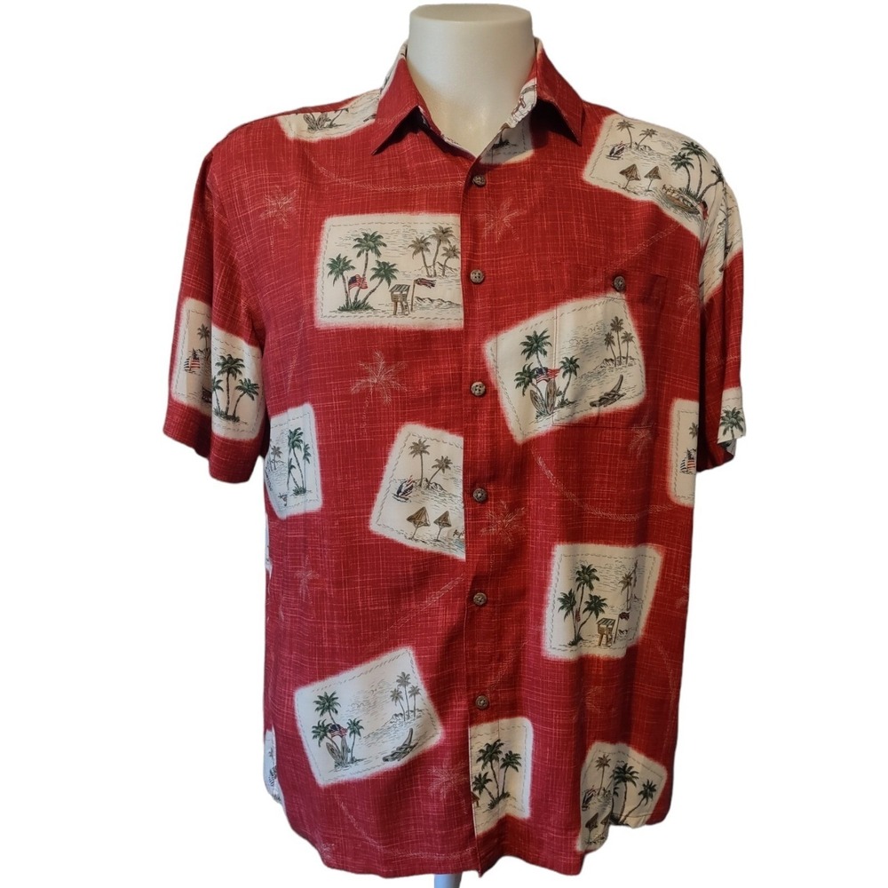 Boca Classics Shirt Mens Sz Large Tropical Postcard Boho‎ Retro Red Button Down